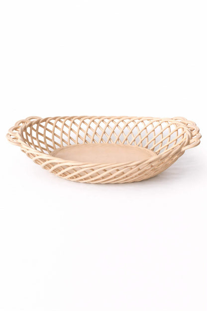 Ceramic Oval Basket – Hand-Woven Dish in White, Beige & Pink Glazed Porcelain