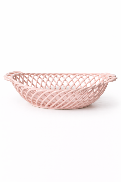 Ceramic Oval Basket – Hand-Woven Dish in White, Beige & Pink Glazed Porcelain
