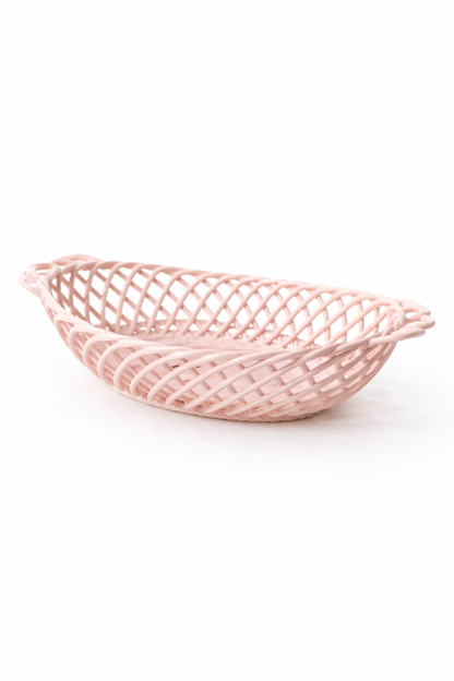 Ceramic Oval Basket – Hand-Woven Dish in White, Beige & Pink Glazed Porcelain