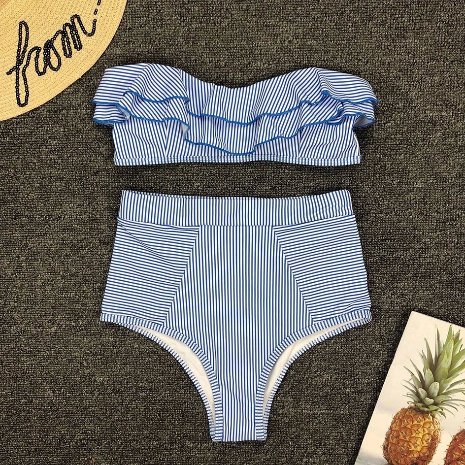Vintage Striped Ruffled Two-Piece Swimsuit