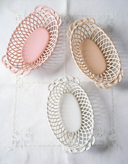 Ceramic Oval Basket – Hand-Woven Dish in White, Beige & Pink Glazed Porcelain