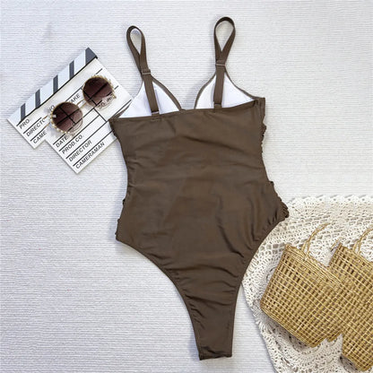 Tan Girl Cross Bandage One Piece Swimsuit